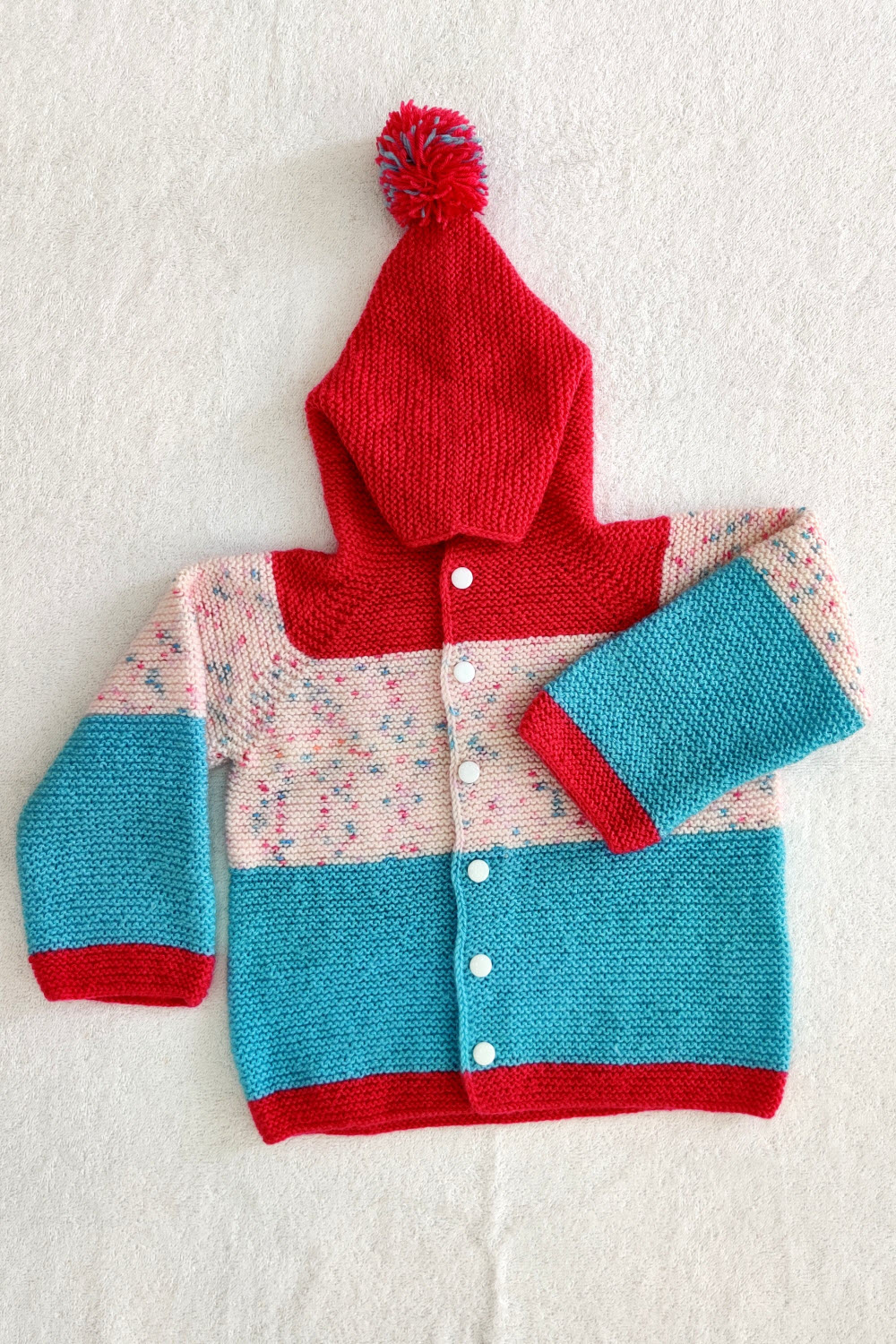 24-30 Months Pink-Pherozi-White Hand Knitted Sweater With Hood For Kids 16020