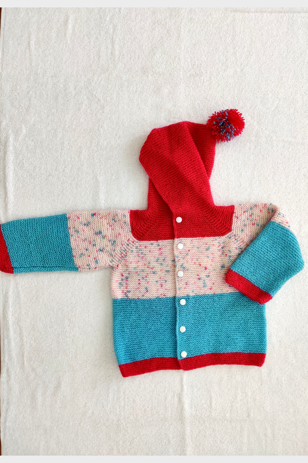 24-30 Months Pink-Pherozi-White Hand Knitted Sweater With Hood For Kids 16020