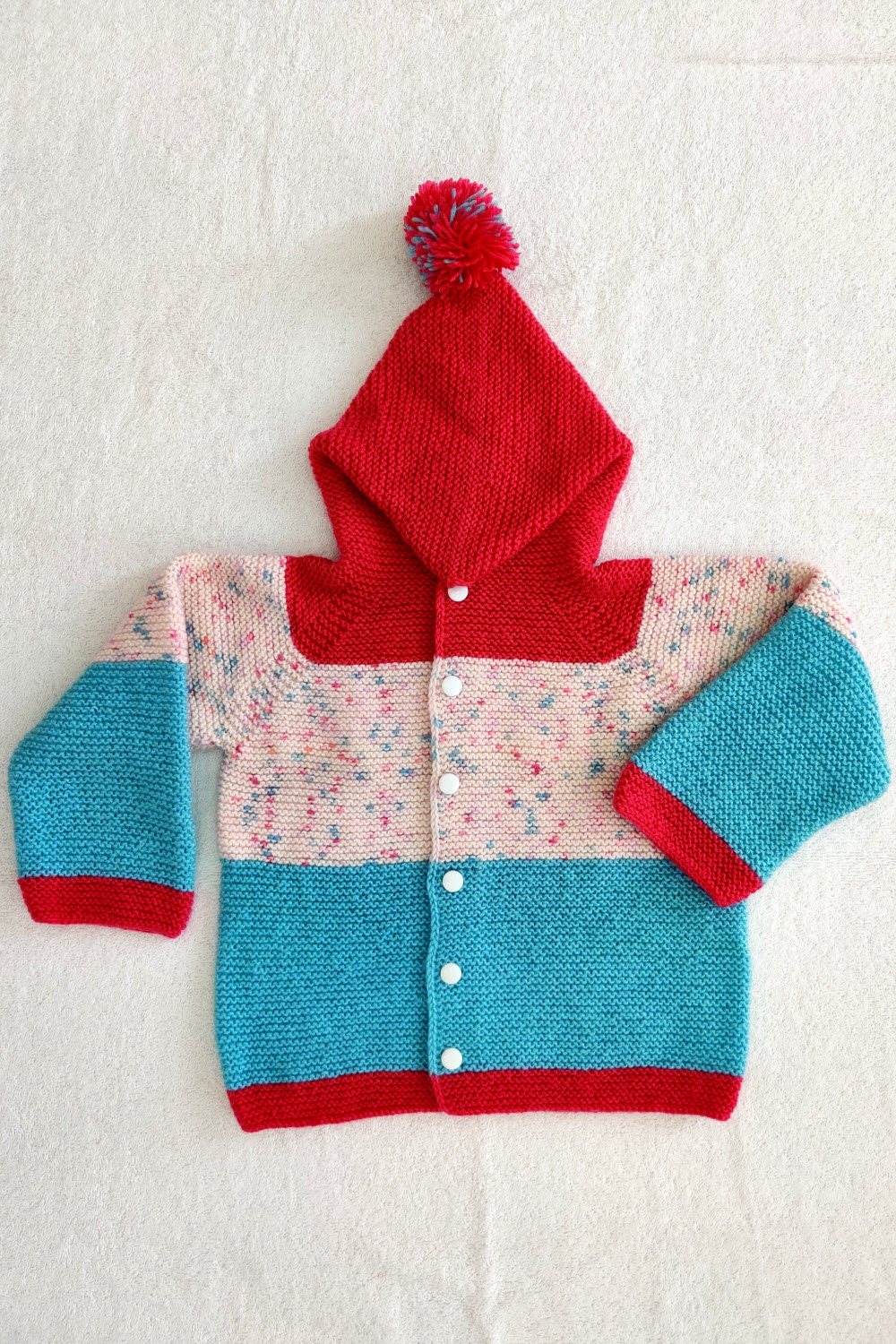 24-30 Months Pink-Pherozi-White Hand Knitted Sweater With Hood For Kids 16020