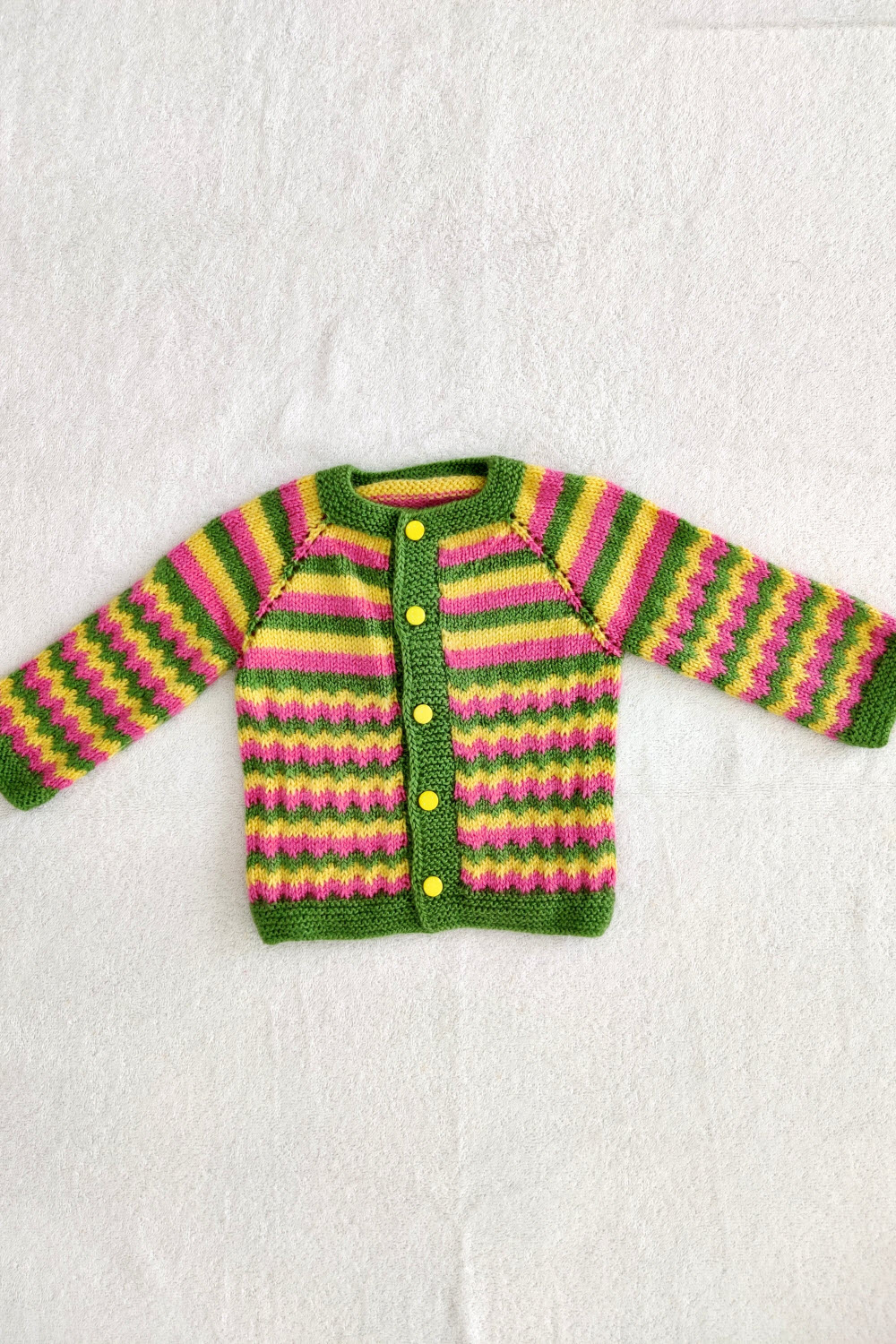12-18 Months Green-Pink-Yellow Hand Knitted Sweater with Cap and Socks for Kids 16022