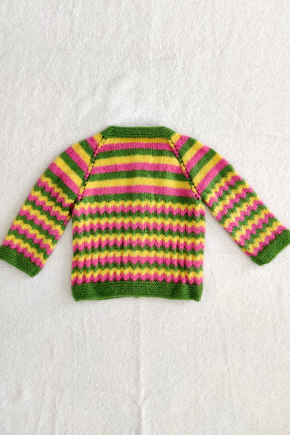 12-18 Months Green-Pink-Yellow Hand Knitted Sweater with Cap and Socks for Kids 16022