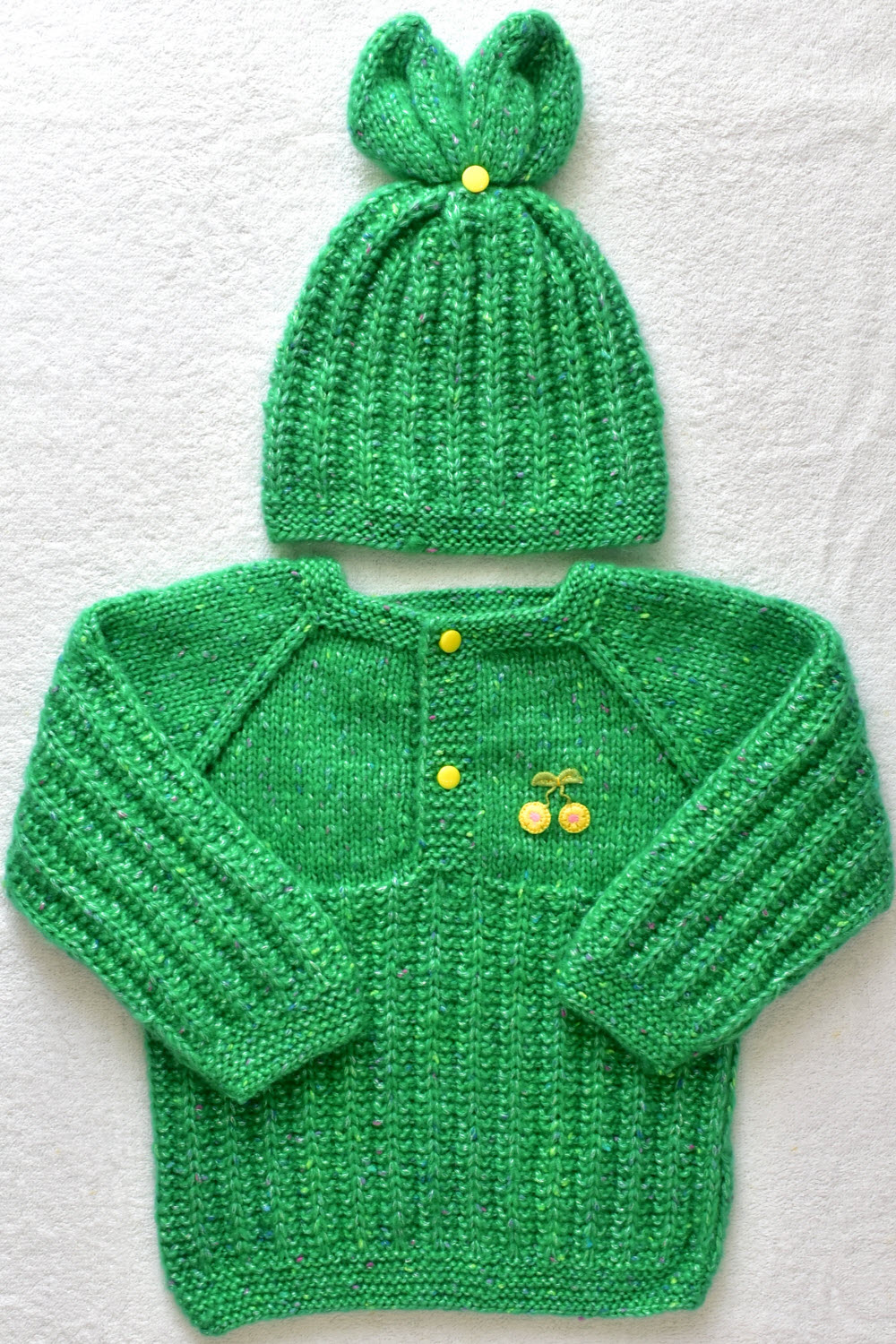 24-30 Months Green Hand Knitted Sweater with Cap for Kids 16023
