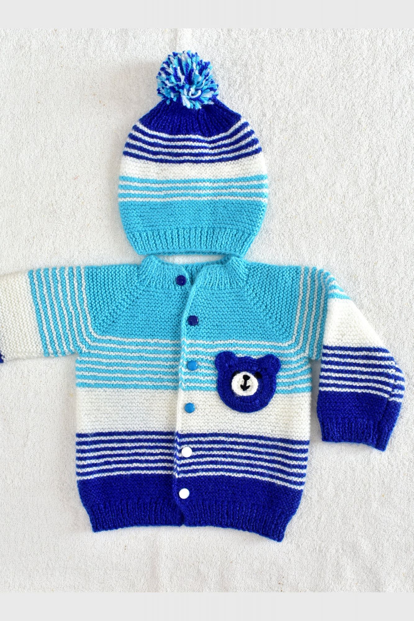 12 - 24 Months Blue - Pherozi - White Hand Knitted Sweater with Cap for Baby Boy 16025