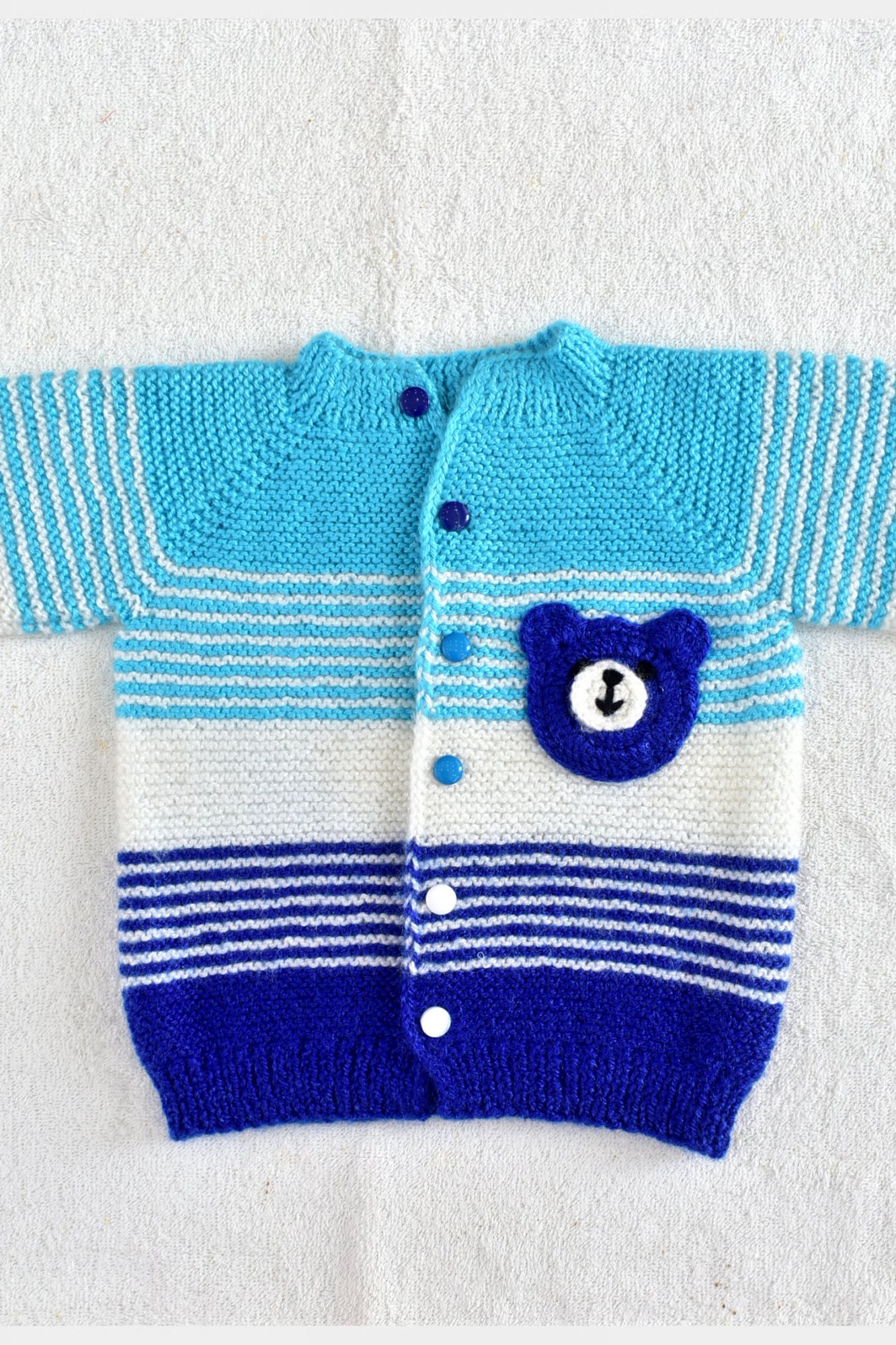 12 - 24 Months Blue - Pherozi - White Hand Knitted Sweater with Cap for Baby Boy 16025