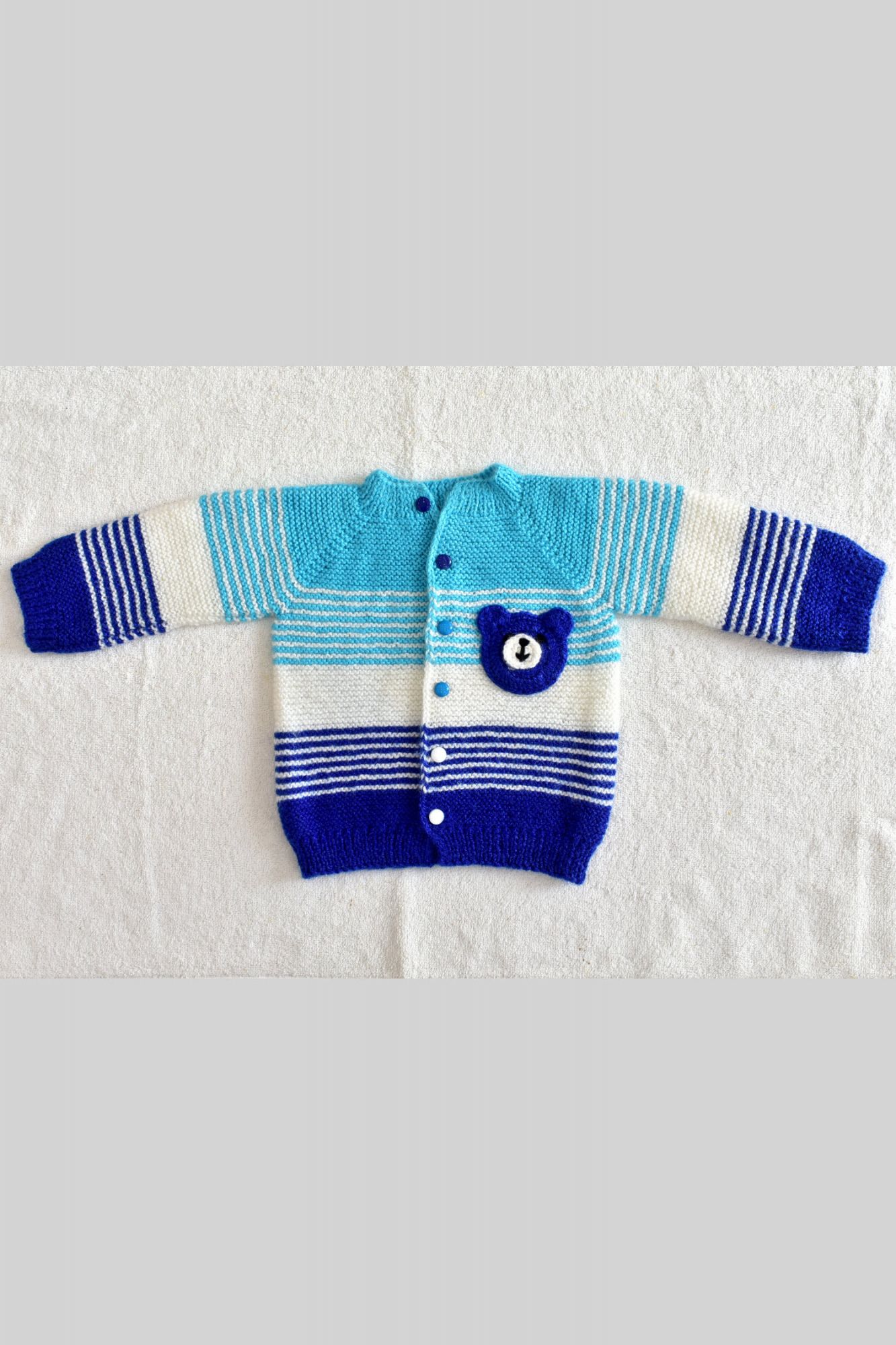 12 - 24 Months Blue - Pherozi - White Hand Knitted Sweater with Cap for Baby Boy 16025