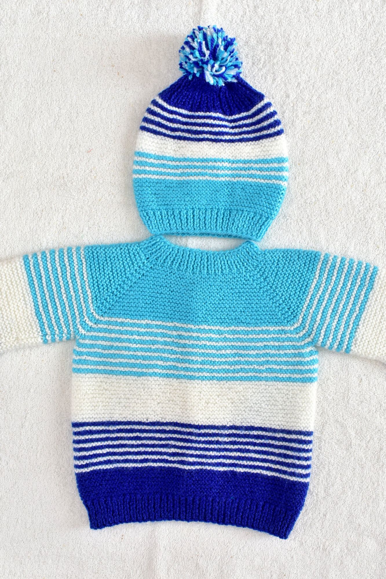 12 - 24 Months Blue - Pherozi - White Hand Knitted Sweater with Cap for Baby Boy 16025