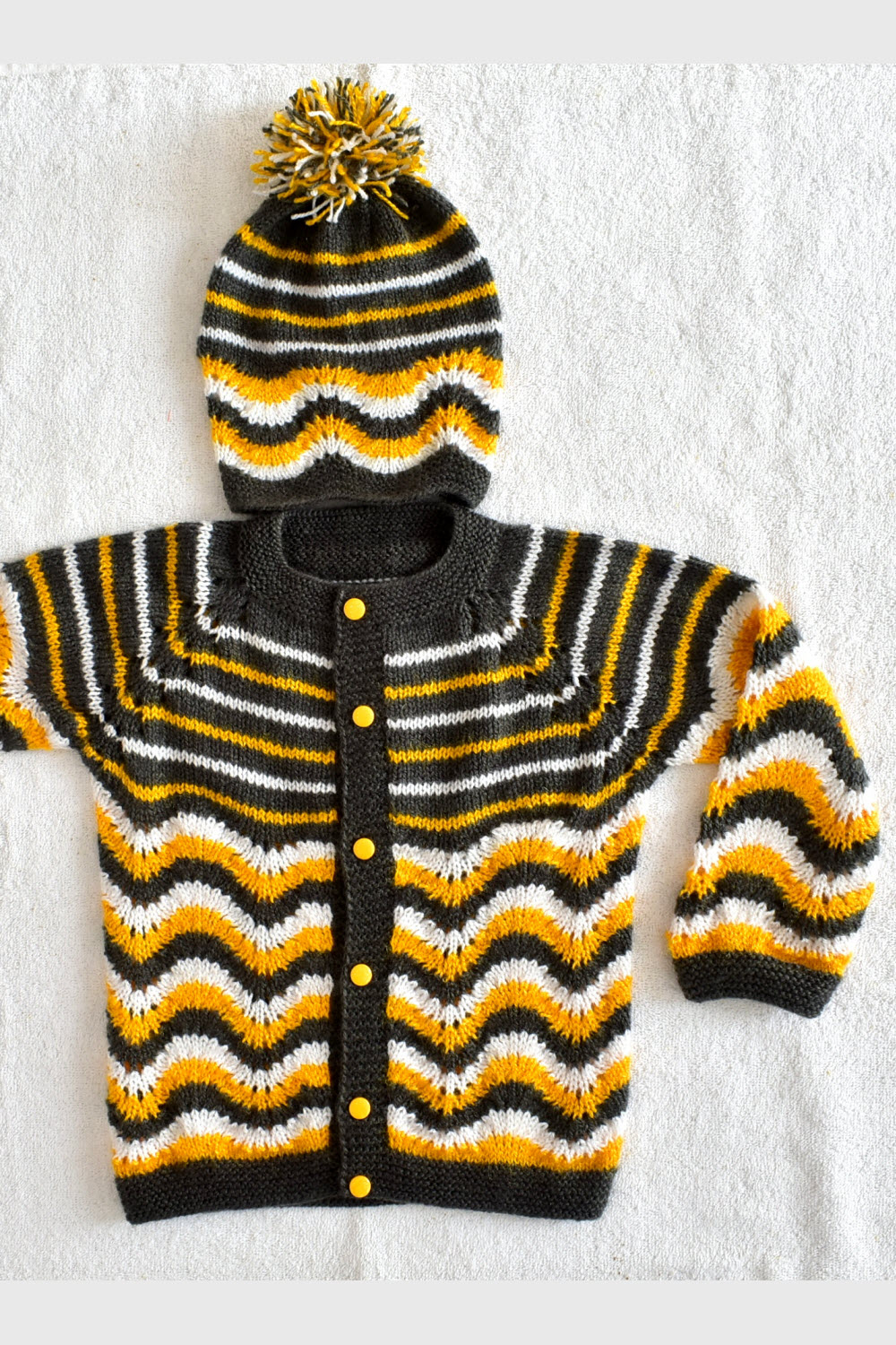 3 to 4 Years Grey - Yellow - White Hand Knitted Sweater with Cap for Baby Boy 16029