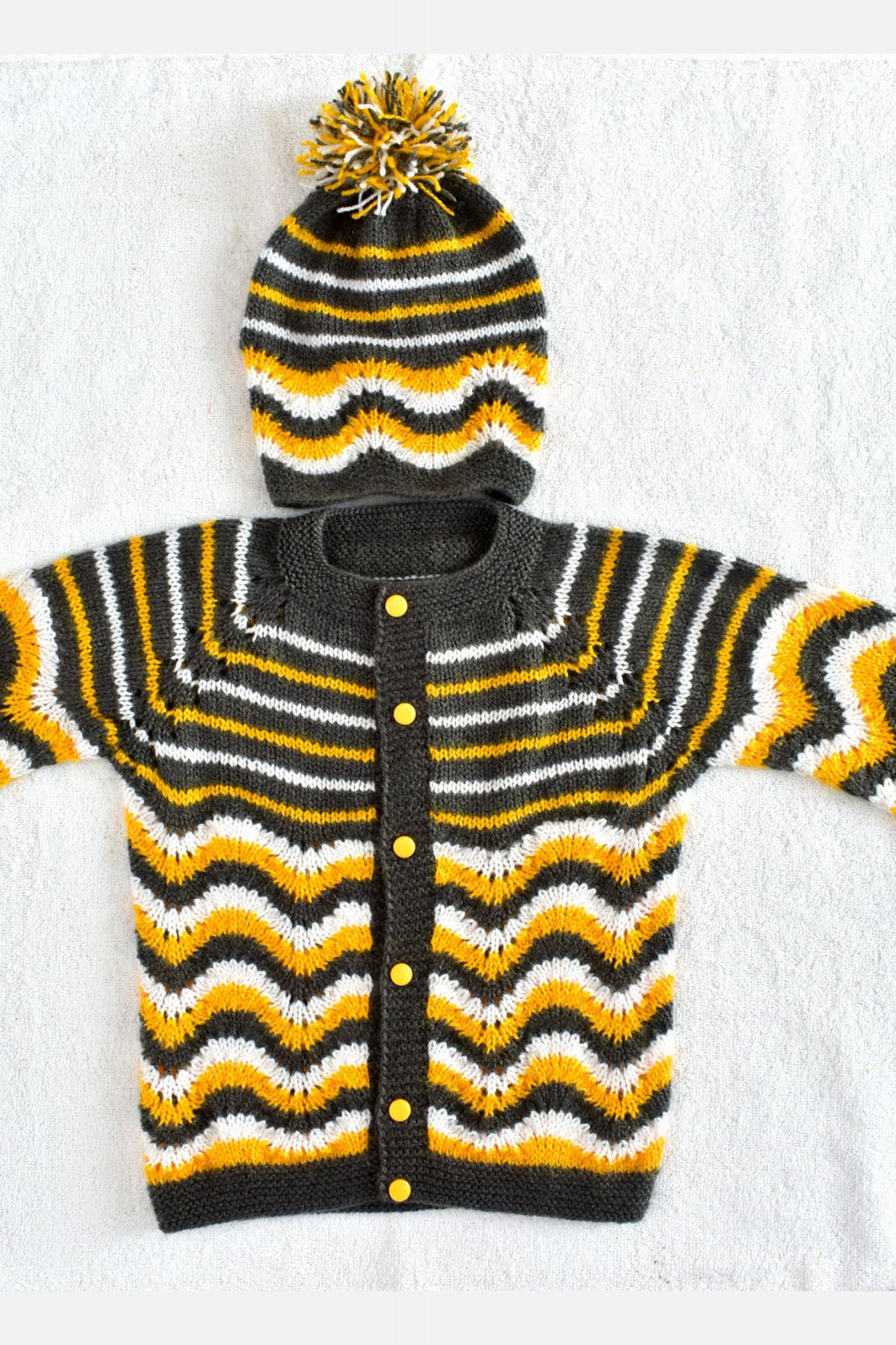 3 to 4 Years Grey - Yellow - White Hand Knitted Sweater with Cap for Baby Boy 16029