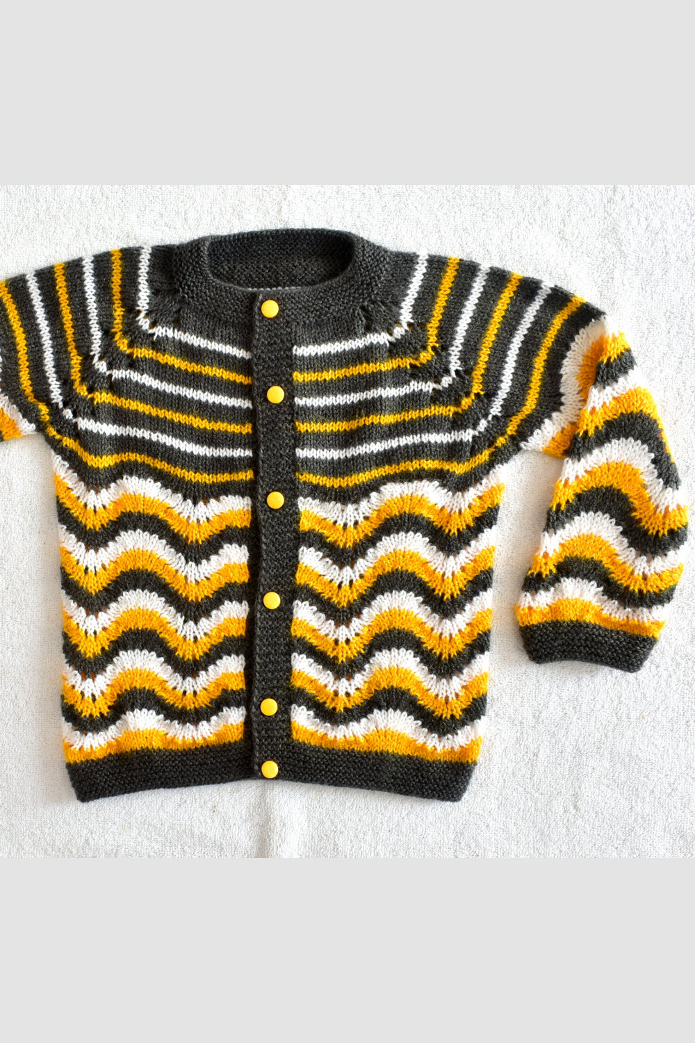 3 to 4 Years Grey - Yellow - White Hand Knitted Sweater with Cap for Baby Boy 16029