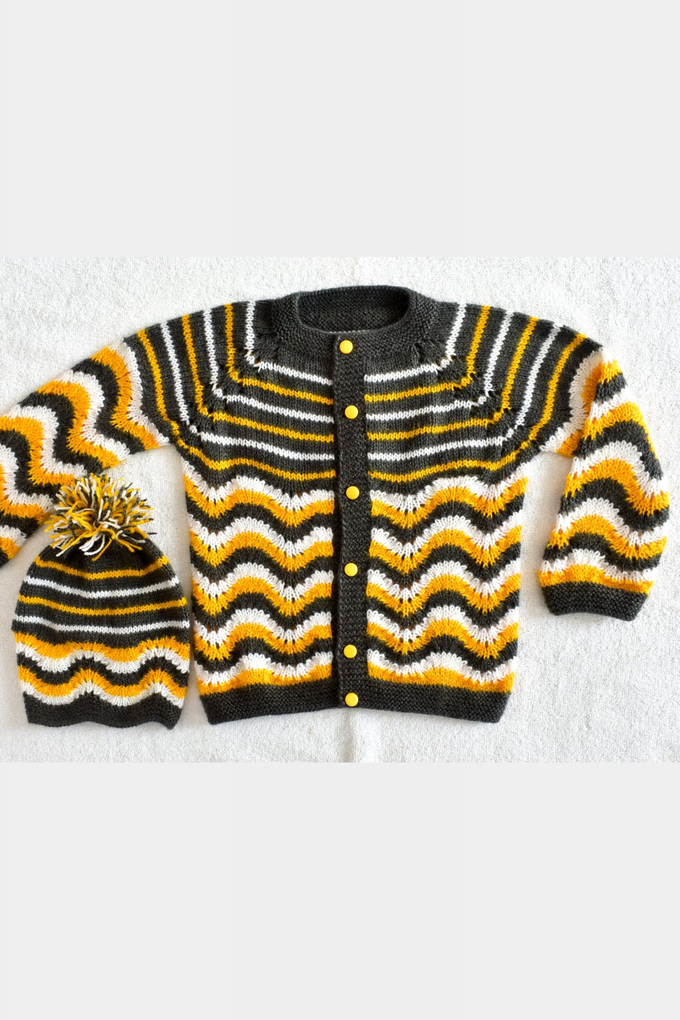 3 to 4 Years Grey - Yellow - White Hand Knitted Sweater with Cap for Baby Boy 16029