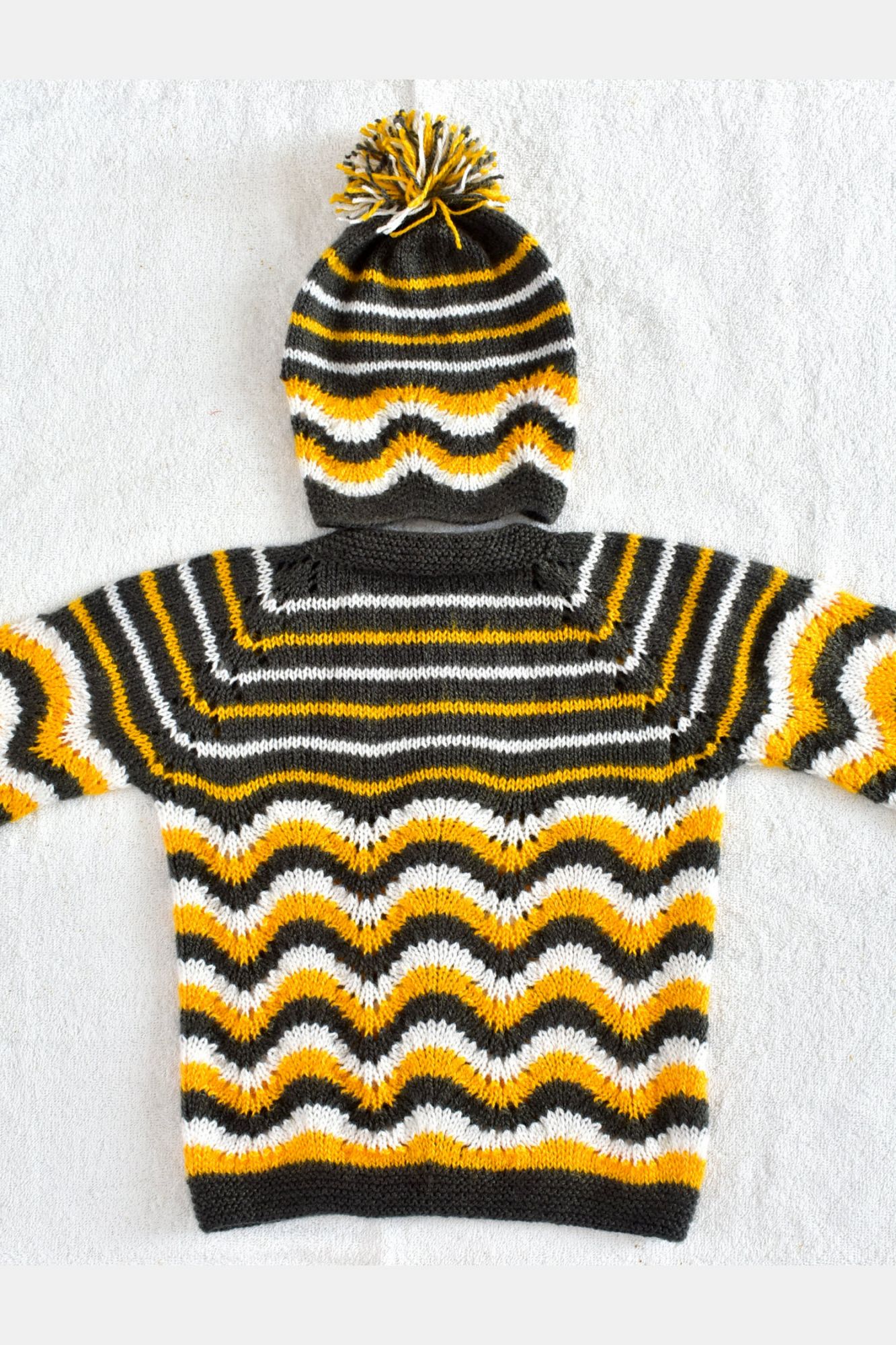 3 to 4 Years Grey - Yellow - White Hand Knitted Sweater with Cap for Baby Boy 16029