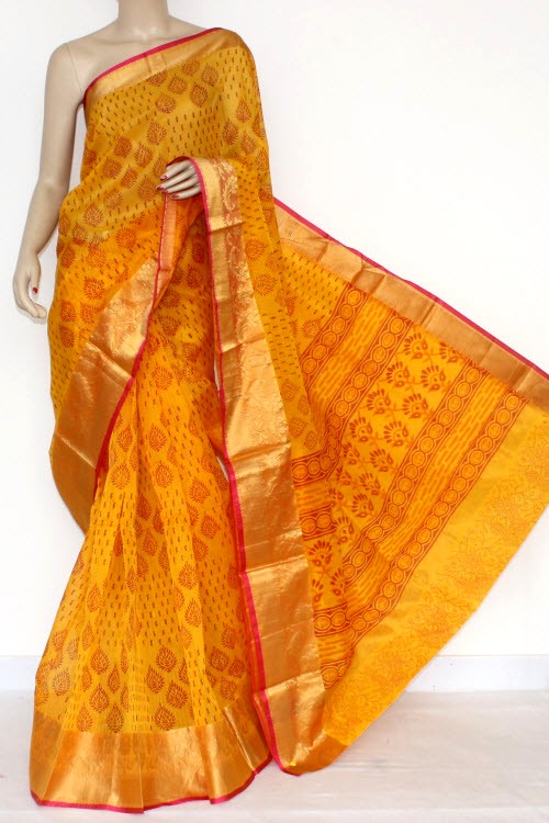 Yellow Banarasi Kora Cot-Silk Printed Handloom Saree