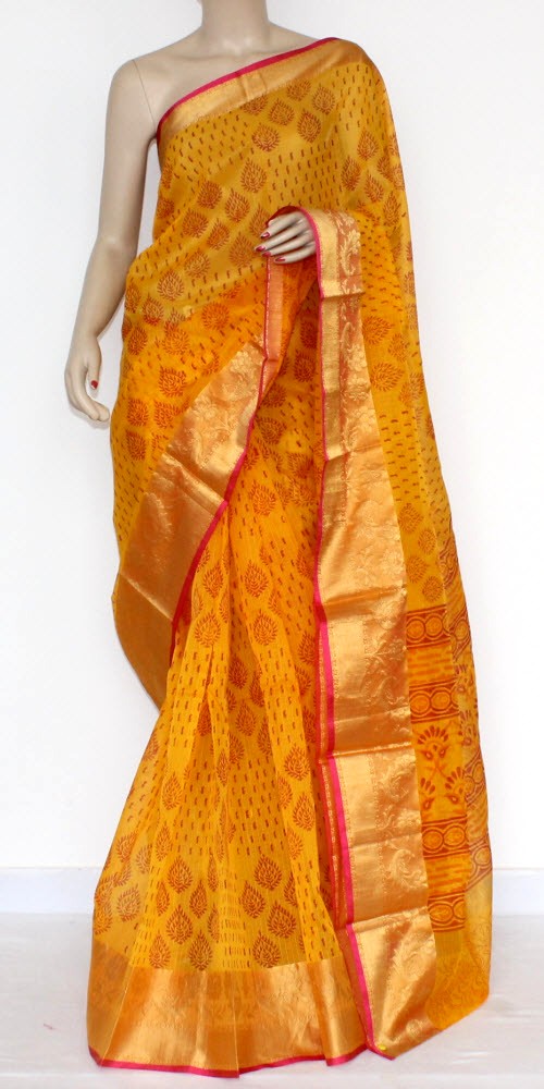 Yellow Banarasi Kora Cot-Silk Printed Handloom Saree