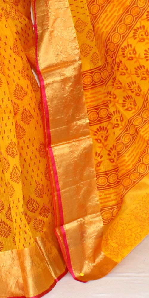 Yellow Banarasi Kora Cot-Silk Printed Handloom Saree