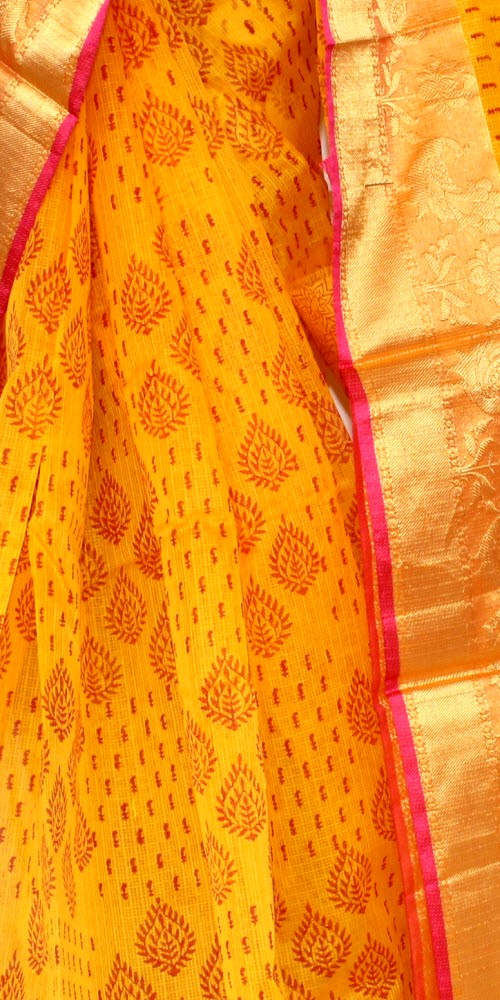 Yellow Banarasi Kora Cot-Silk Printed Handloom Saree