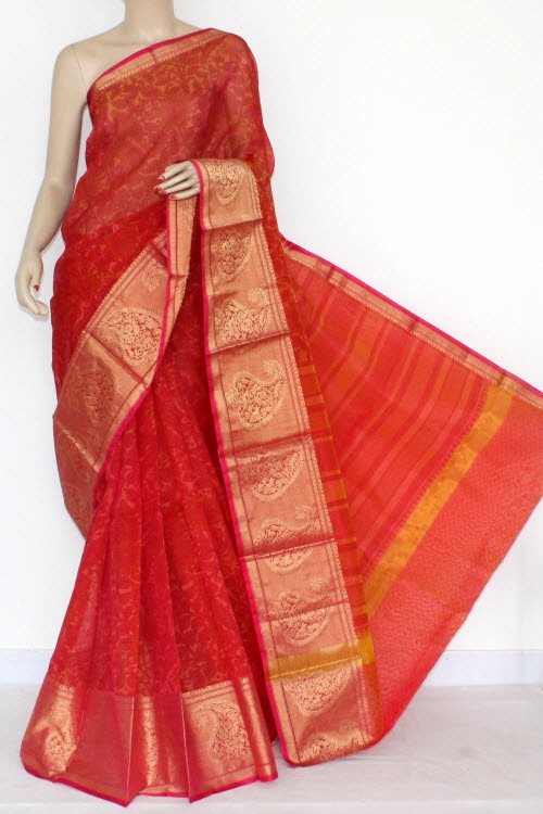 Red Banarasi Kora Cot-Silk Printed Handloom Saree