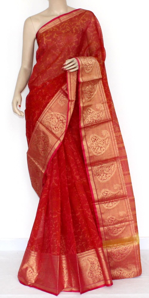 Red Banarasi Kora Cot-Silk Printed Handloom Saree