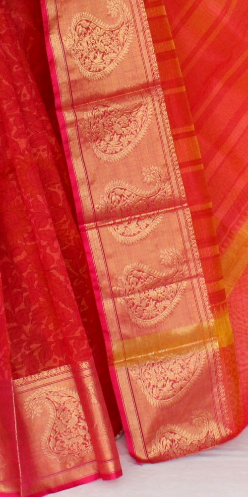 Red Banarasi Kora Cot-Silk Printed Handloom Saree