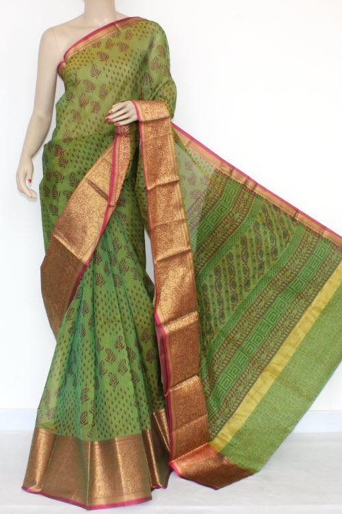 Green Banarasi Kota Doria Printed Handloom Saree