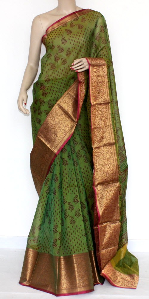 Green Banarasi Kota Doria Printed Handloom Saree