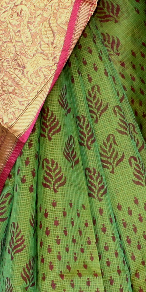 Green Banarasi Kota Doria Printed Handloom Saree