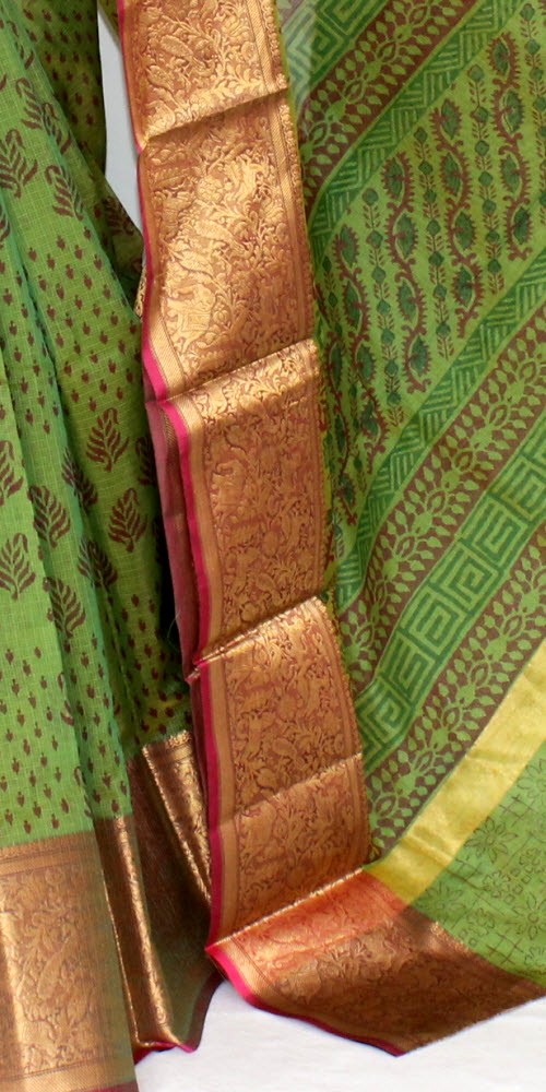 Green Banarasi Kota Doria Printed Handloom Saree