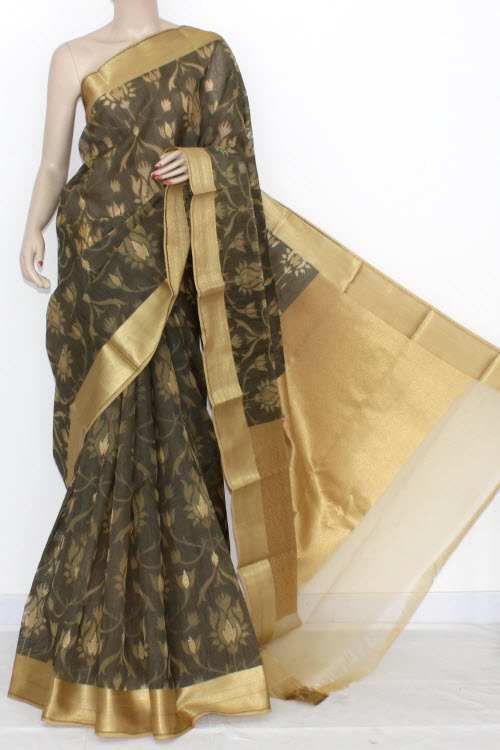 Greenish Brown Banarasi Kora Silk Handloom Saree