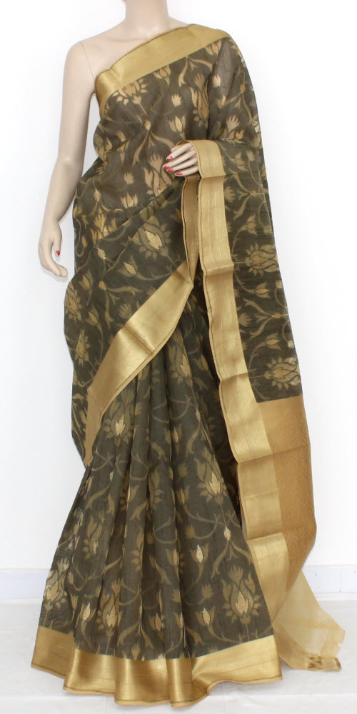 Greenish Brown Banarasi Kora Silk Handloom Saree
