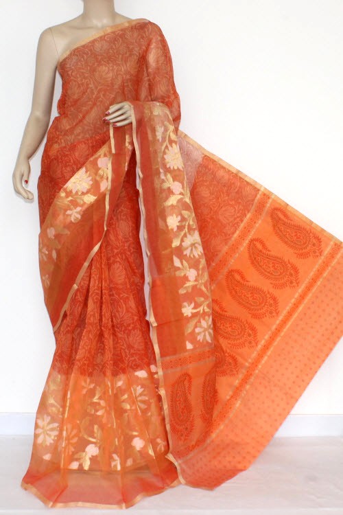 Orange Banarasi Kora Cot-Silk Handloom Printed Saree