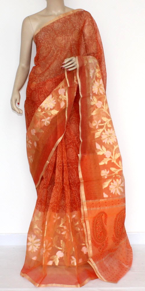 Orange Banarasi Kora Cot-Silk Handloom Printed Saree
