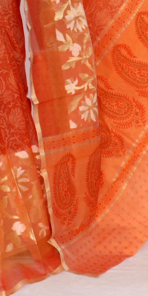 Orange Banarasi Kora Cot-Silk Handloom Printed Saree