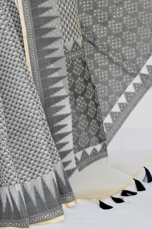 Grey Banarasi Kora Cot-Silk Handloom Saree