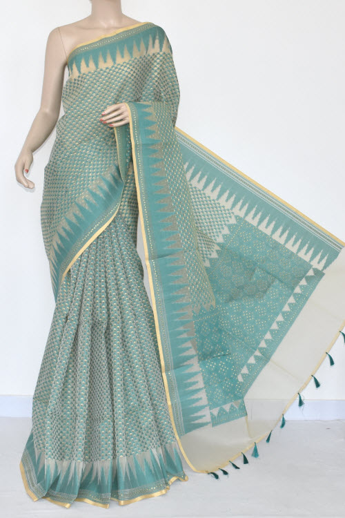 Sea Green Banarasi Kora Cot-Silk Handloom Saree