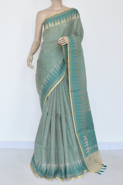 Sea Green Banarasi Kora Cot-Silk Handloom Saree