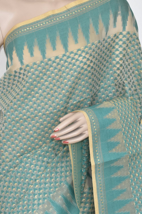 Sea Green Banarasi Kora Cot-Silk Handloom Saree