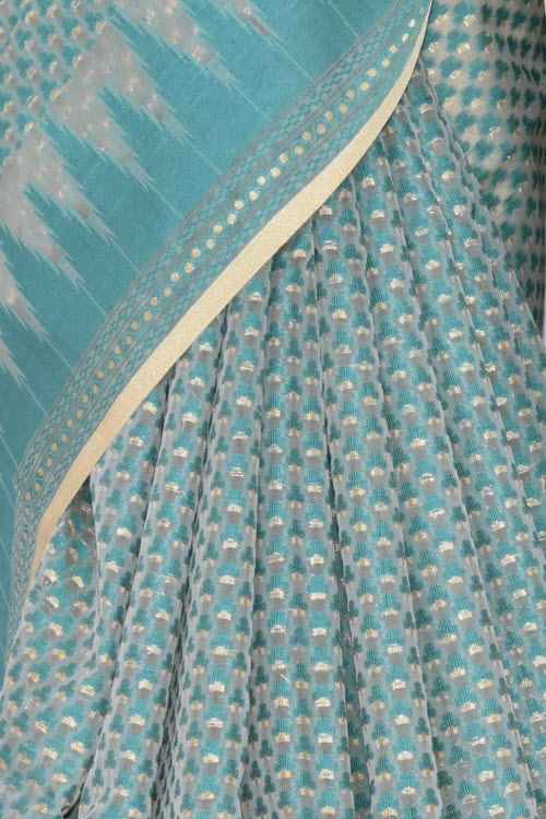 Sea Green Banarasi Kora Cot-Silk Handloom Saree