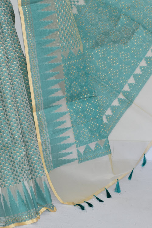 Sea Green Banarasi Kora Cot-Silk Handloom Saree
