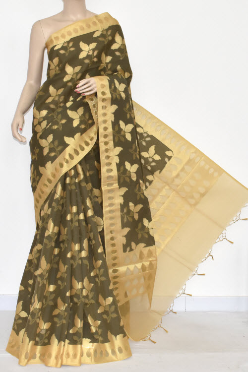 Greenish Brown Banarasi Kora Silk Handloom Saree