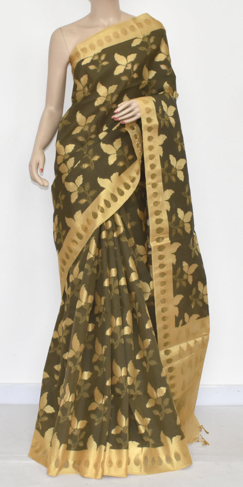 Greenish Brown Banarasi Kora Silk Handloom Saree