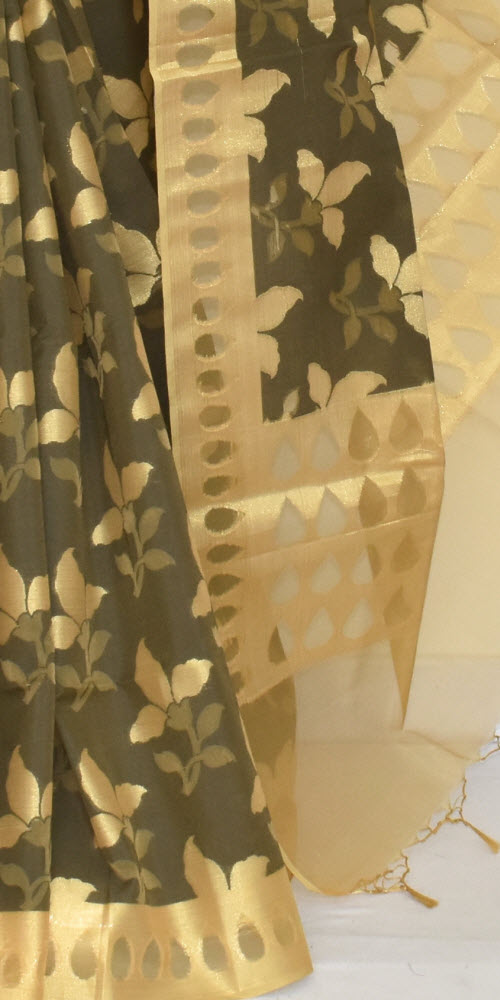 Greenish Brown Banarasi Kora Silk Handloom Saree