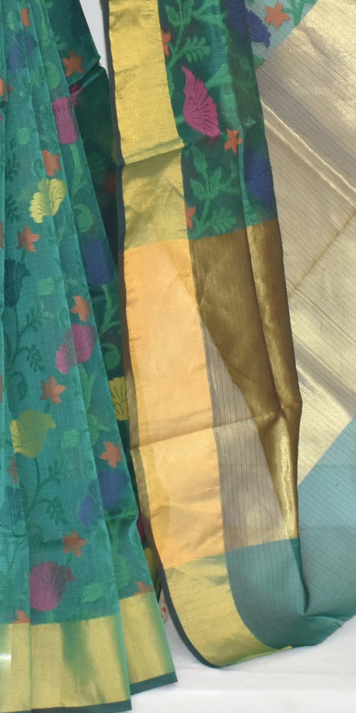 Sea Green Banarasi Kora Cot-Silk Handloom Saree