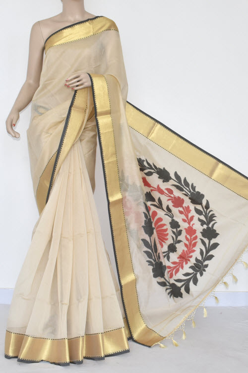 Beige Banarasi Kora Cot-Silk Handloom Saree