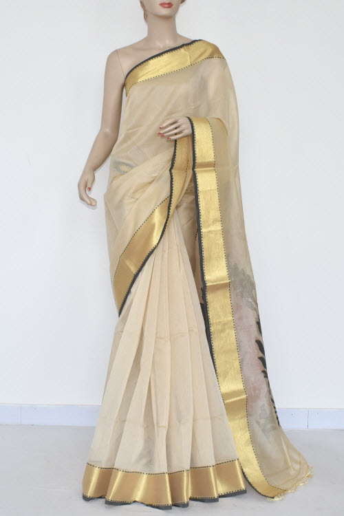 Beige Banarasi Kora Cot-Silk Handloom Saree