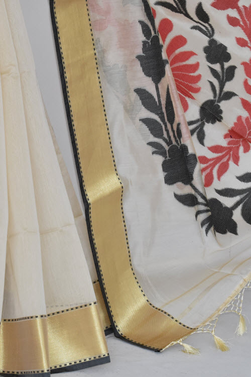 Beige Banarasi Kora Cot-Silk Handloom Saree