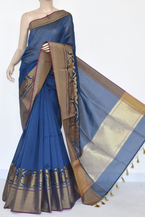 Blue Banarasi Kora Cot-Silk Handloom Saree