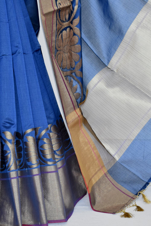 Blue Banarasi Kora Cot-Silk Handloom Saree