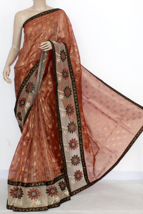 Brown Embroidered Kora Art Silk Saree with Blouse 16153