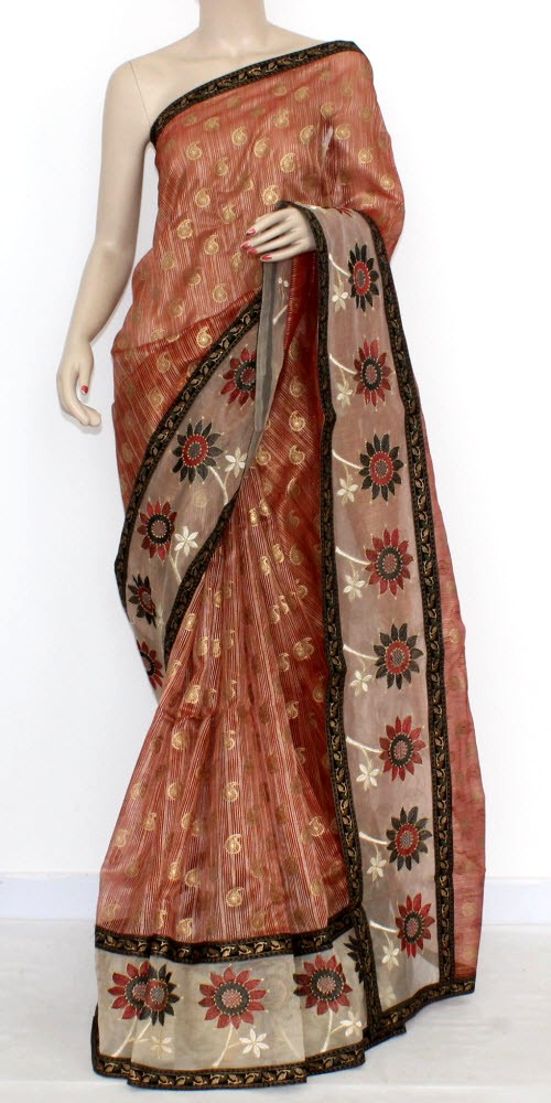 Brown Embroidered Kora Art Silk Saree with Blouse 16153