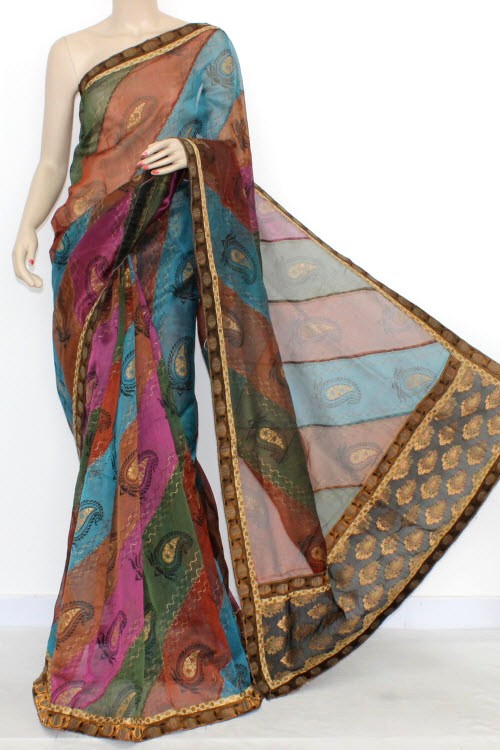 Multi-color Embroidered Kora Art Silk Saree with Blouse 16155