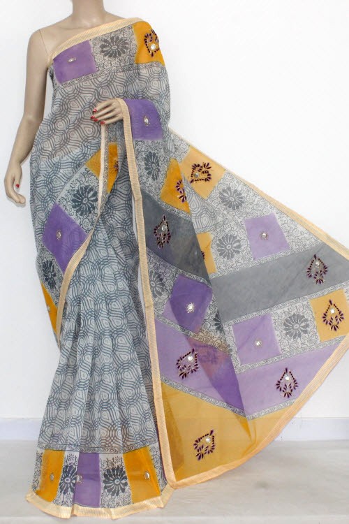 Yellow-Purple Printed Kora Art Silk Saree with Blouse 16156